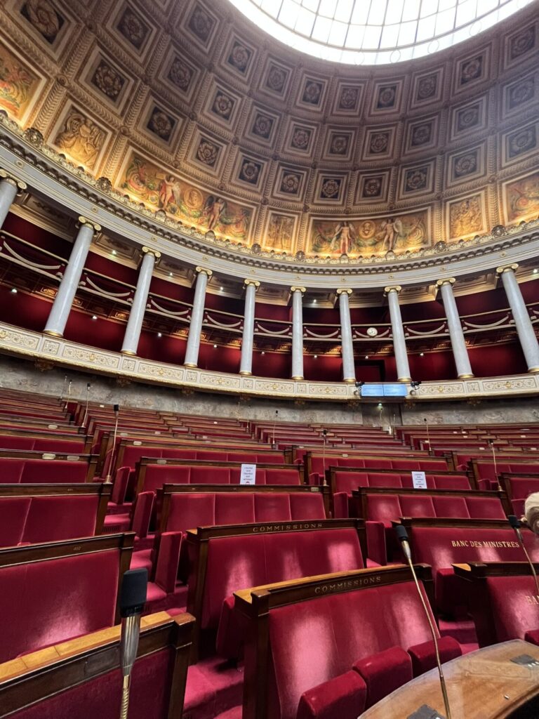 Das Foto zeigt den Sitzungssaal der Assemblée Nationale, offiziell Hémicycle genannt