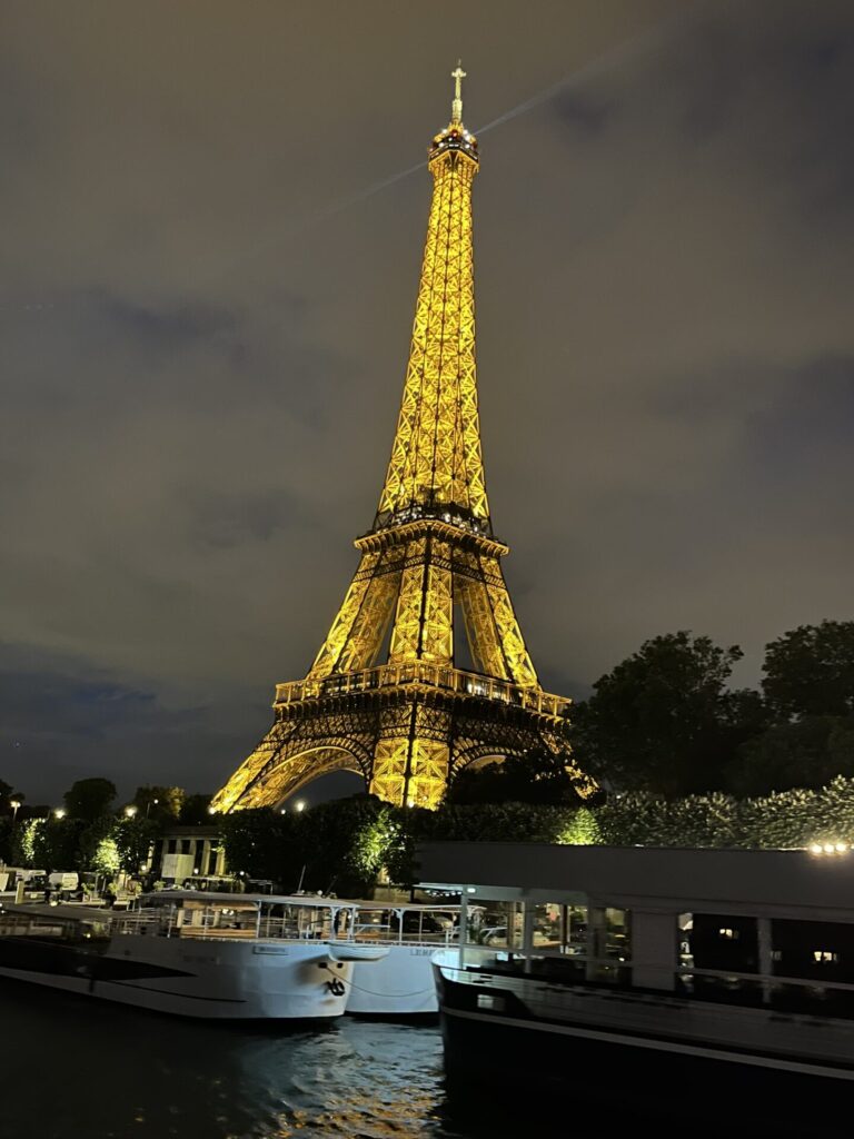 Das Foto zeigt den beleuchteten Eifelturm bei der Schifffahrt